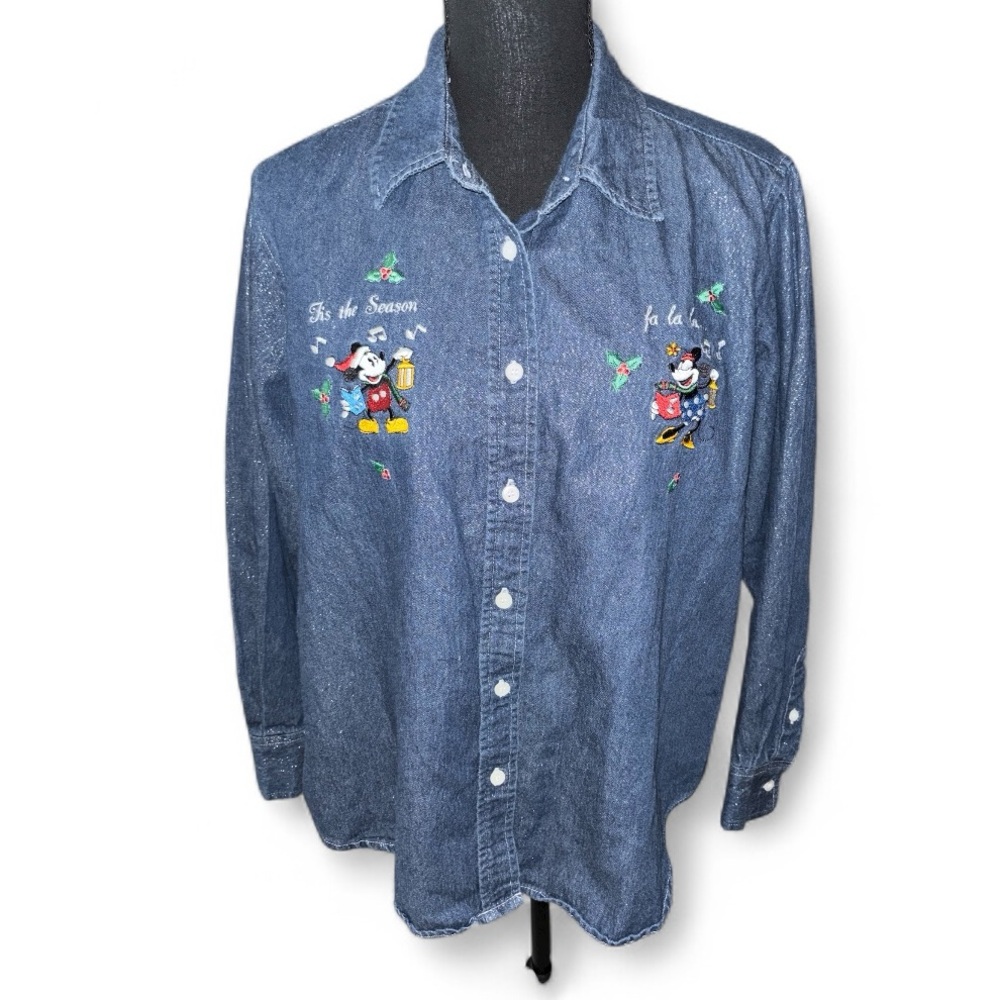 Vintage 90s Disney Mickey Embroidered Button Down Denim Shirt Girls Medium